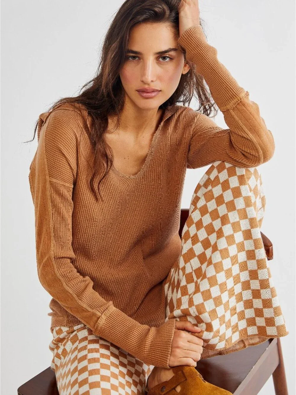 Free People Margo Bran Burnt Orange Waffle Knit Hoodie Women's Size X-Small XS